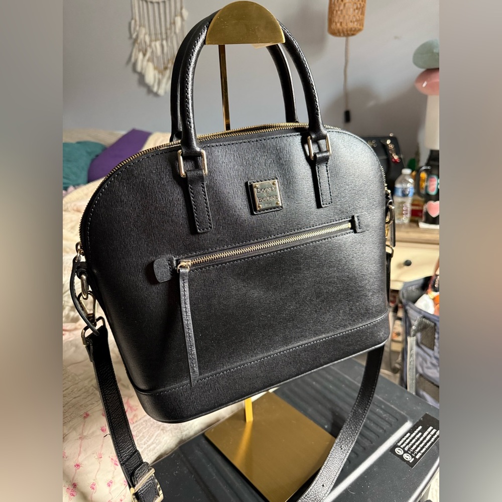 Dooney & Bourke Black Saffiano Leather Satchel with Gold Hardware
